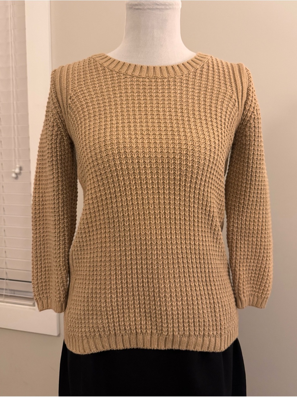 Banana Republic Cotton Cashmere Waffle Knit Sweater S Tan Neutral 3/4 Sleeve